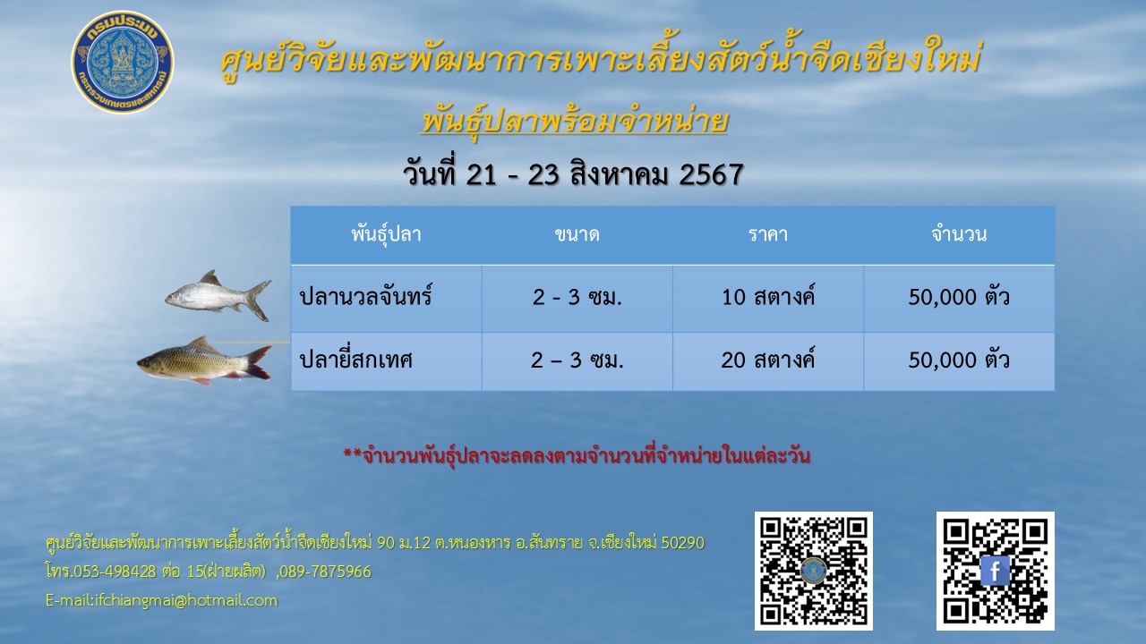 พันธุ์ปลาพร้อมจำหน่าย วันที่ 21-23 สิงหาคม 2567