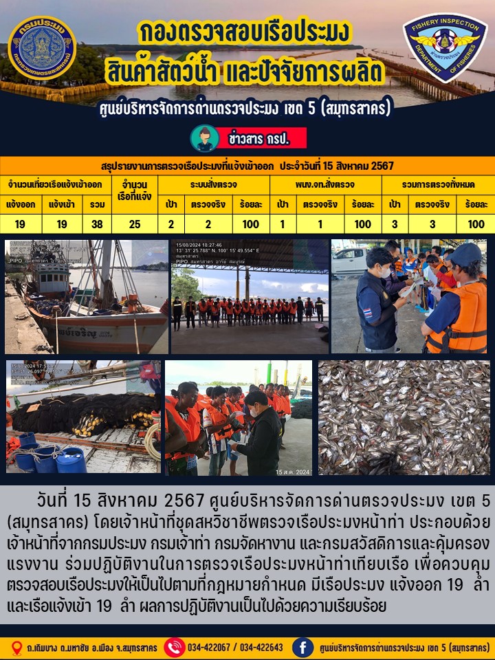 รายงานการตรวจเรือประมงที่แจ้งเข้าออกประจำวันที่ 15 สิงหาคม 2567..คลิก