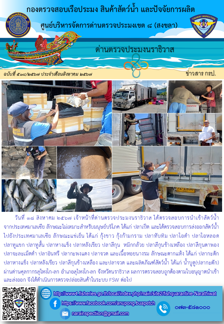 ประชาสัมพันธ์ด่านตรวจประมงนราธิวาส ประจำวันที่ 18 สิงหาคม 2567..คลิก
