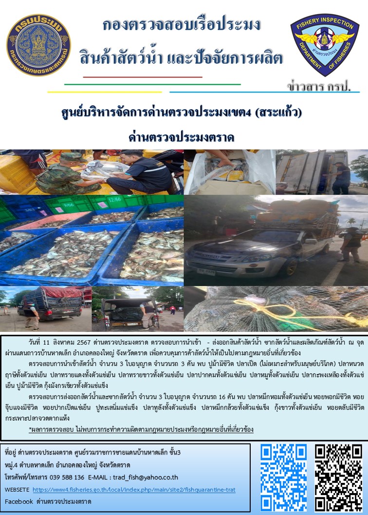 ผลการปฏิบัติงานของด่านตรวจประมงตราด ประจำวันที่ 11 สิงหาคม 2567..คลิก