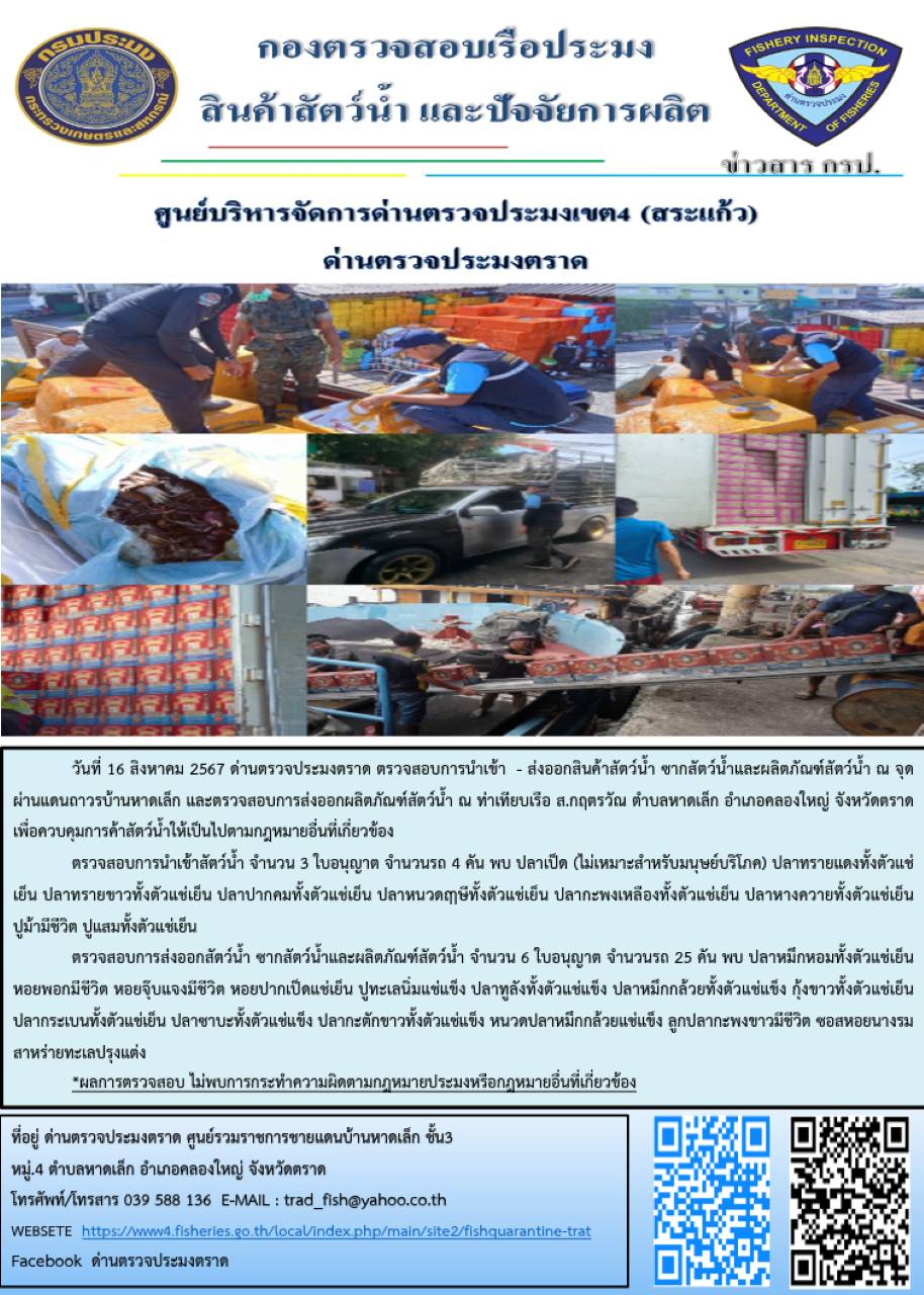 ผลการปฏิบัติงานของด่านตรวจประมงตราด ประจำวันที่ 16 สิงหาคม 2567..คลิก