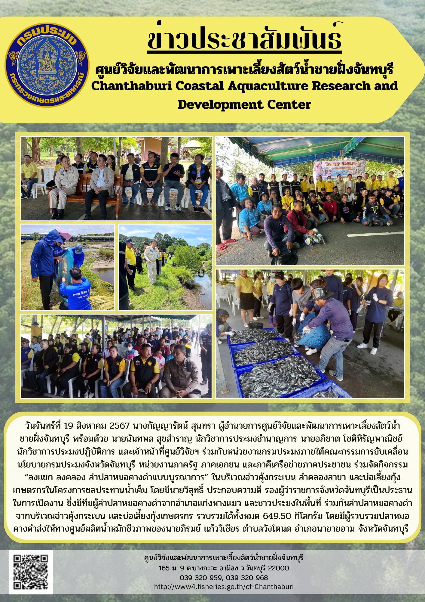 ศูนย์วิจัยและพัฒนาการเพาะเลี้ยงสัตว์น้ำชายฝั่งจันทบุรี ร่วมจัดกิจกรรม “ลงแขก ลงคลอง ล่าปลาหมอคางดำแบบบูรณาการ” ในบริเวณอ่าวคุ้งกระเบนร่วมจัดกิจกรรม “ลงแขก ลงคลอง ล่าปลาหมอคางดำแบบบูรณาการ” ในบริเวณอ่าวคุ้งกระเบน..คลิก