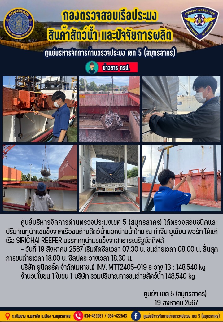 การขนถ่ายทูน่าแช่แข็งจากเรือขนถ่ายสัตว์น้ำสัญชาติไทย เรือ SIRICHAI REEFER บรรทุกทูน่าแช่แข็งจากประเทศมัลดีฟส์ วันที่ 19 สิงหาคม 2567..คลิก