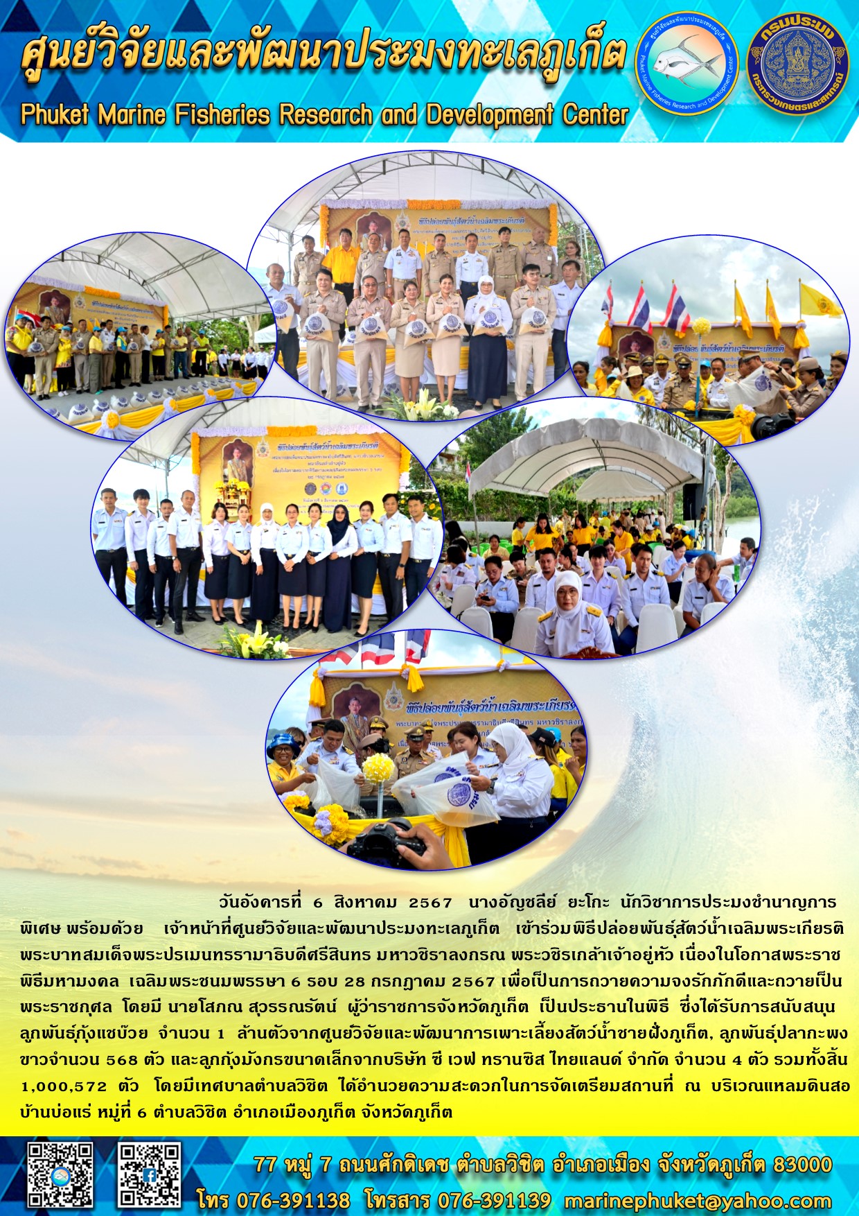 วันอังคารที่ 6 สิงหาคม 2567 นางอัญชลีย์ ยะโกะ นักวิชาการประมงชำนาญการพิเศษ พร้อมด้วย เจ้าหน้าที่ศูนย์วิจัยและพัฒนาประมงทะเลภูเก็ต เข้าร่วมพิธีปล่อยพันธุ์สัตว์น้ำเฉลิมพระเกียรติพระบาทสมเด็จพระปรเมนทรรามาธิบดีศรีสินทร มหาวชิราลงกรณ พระวชิรเกล้าเจ้าอยู่หัว เนื่องในโอกาสพระราช พิธีมหามงคล เฉลิมพระชนมพรรษา 6 รอบ 28 กรกฎาคม 2567 ฯลฯ