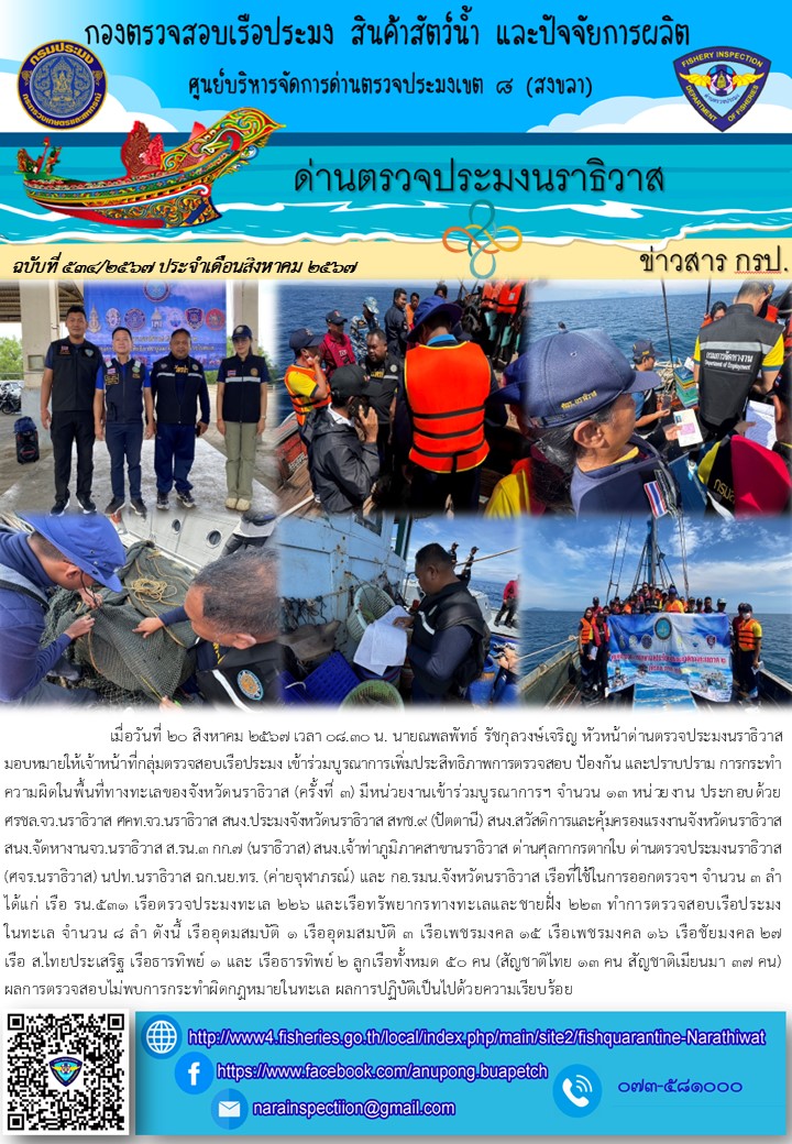 ประชาสัมพันธ์ด่านตรวจประมงนราธิวาส ประจำวันที่ 20 สิงหาคม 2567..คลิก