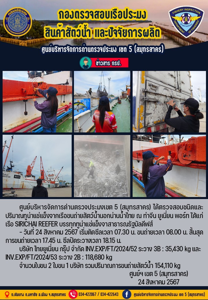 การขนถ่ายทูน่าแช่แข็งจากเรือขนถ่ายสัตว์น้ำสัญชาติไทย เรือ SIRICHAI REEFER บรรทุกทูน่าแช่แข็งจากประเทศมัลดีฟส์ วันที่ 24 สิงหาคม 2567..คลิก