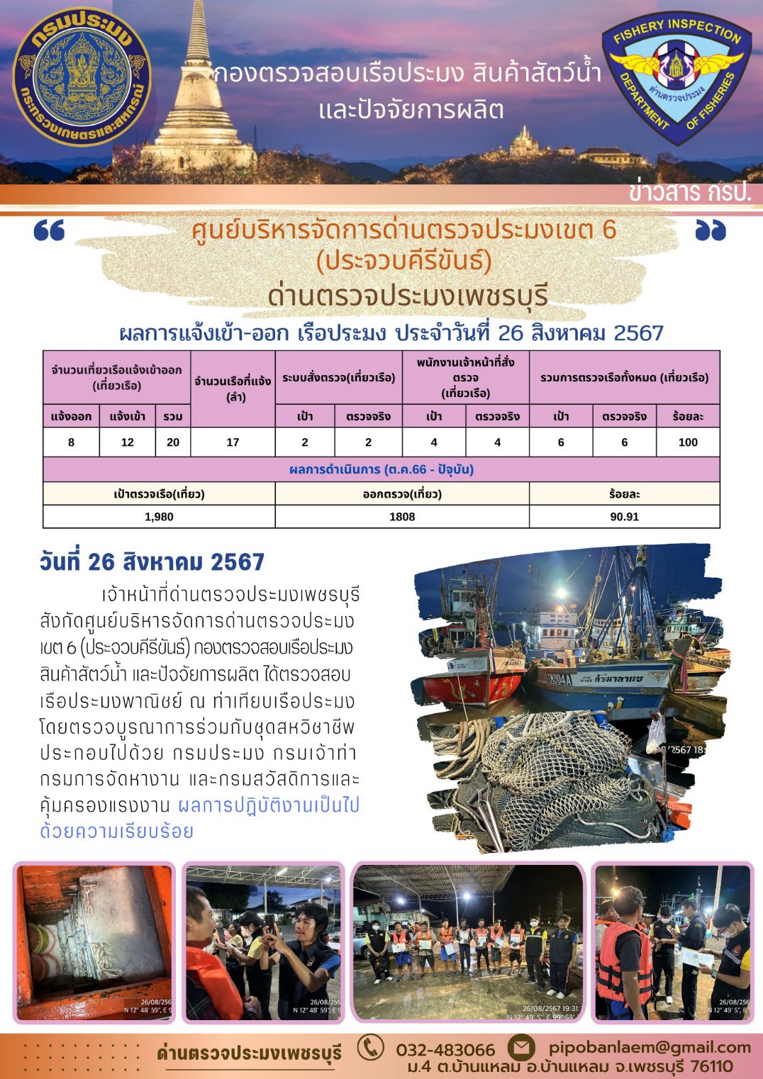 ข่าวประชาสัมพันธ์ ด่านตรวจประมงเพชรบุรี สถิติเรือที่แจ้งเข้า - ออก ประจำวันที่ 26 ส.ค. 2567
