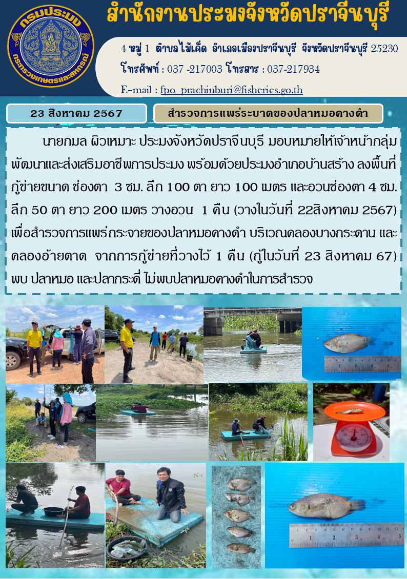 ข่าวประชาสัมพันธ์ สำรวจการแพร่กระจายของปลาหมอคางดำ บริเวณคลองบางกระดาน และ คลองอ้ายตาด..คลิก