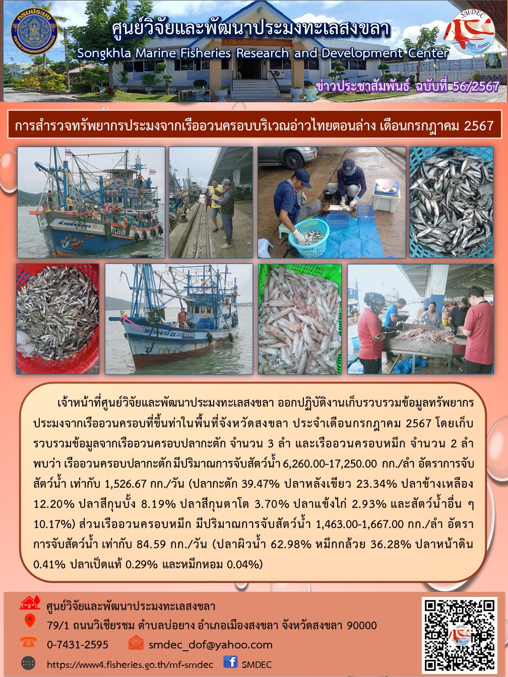 เจ้าหน้าที่ศูนย์วิจัยและพัฒนาประมงทะเลสงขลา ออกปฏิบัติงานเก็บรวบรวมข้อมูลทรัพยากรประมงจากเรืออวนครอบที่ขึ้นท่าในพื้นที่จังหวัดสงขลา ประจำเดือนกรกฎาคม 2567 โดยเก็บรวบรวมข้อมูลจากเรืออวนครอบปลากะตัก จำนวน 3 ลำ และเรืออวนครอบหมึก จำนวน 2 ลำพบว่า เรืออวนครอบปลากะตัก มีปริมาณการจับสัตว์น้ำ 6,260.00-17,250.00 กก./ลำ ฯลฯ