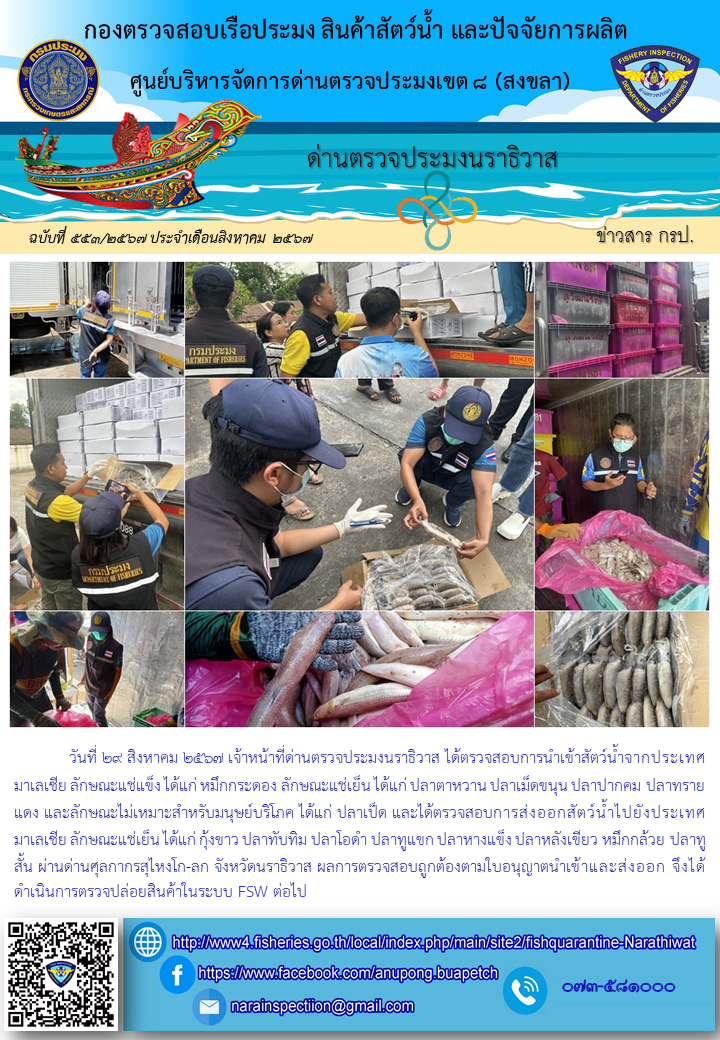 ประชาสัมพันธ์ด่านตรวจประมงนราธิวาส ประจำวันที่ 29 สิงหาคม 2567..คลิก