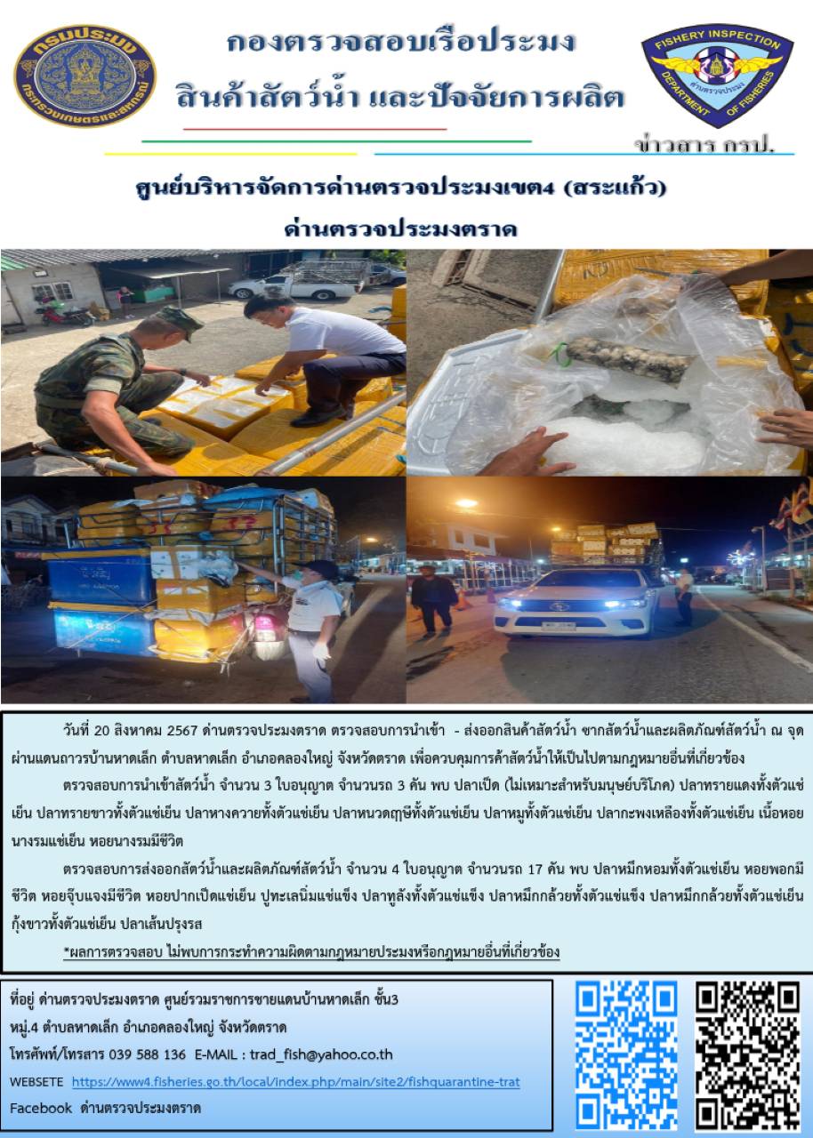 ผลการปฏิบัติงานของด่านตรวจประมงตราด ประจำวันที่ 20 สิงหาคม 2567..คลิก