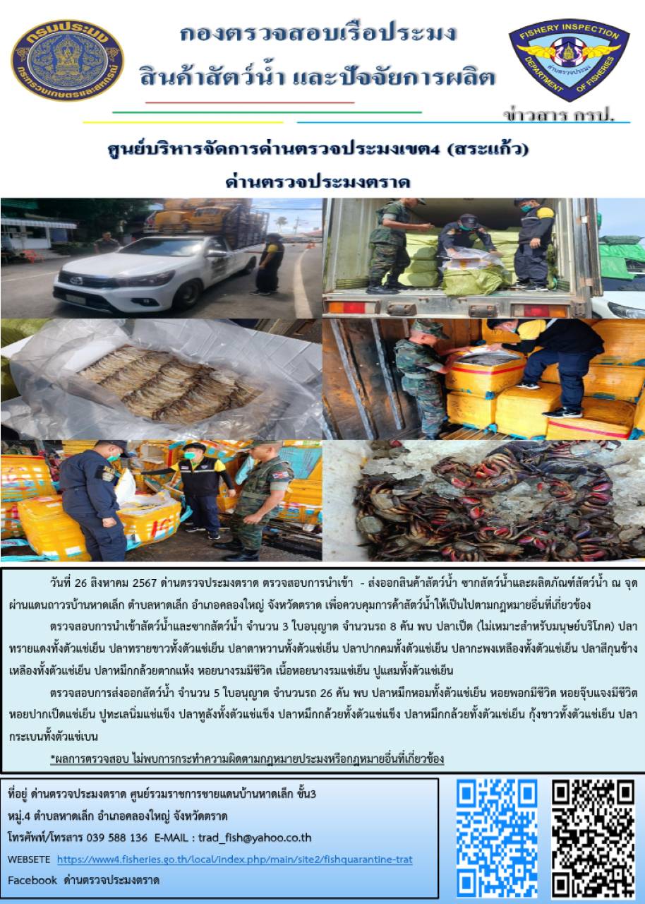 ผลการปฏิบัติงานของด่านตรวจประมงตราด ประจำวันที่ 26 สิงหาคม 2567..คลิก