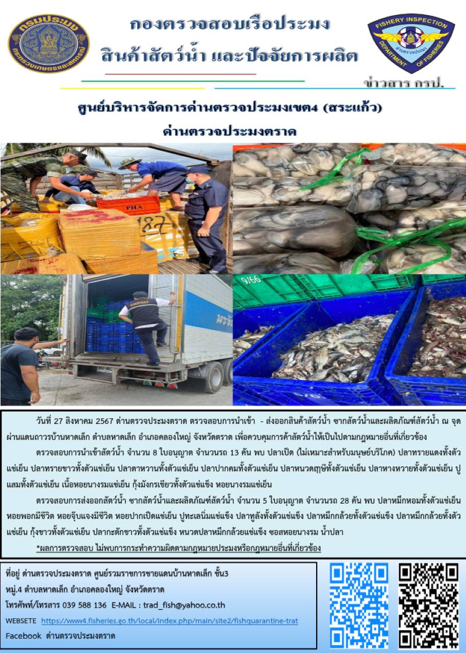 ผลการปฏิบัติงานของด่านตรวจประมงตราด ประจำวันที่ 27 สิงหาคม 2567..คลิก