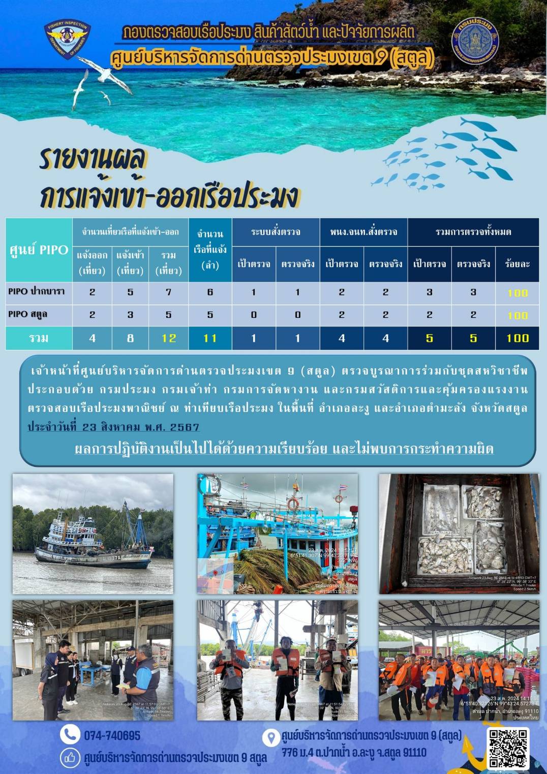 ประชาสัมพันธ์การปฏิบัติงานศูนย์บริหารจัดการด่านตรวจประมงเขต 9 (สตูล) ประจำวันที่ 21 - 25 สิงหาคม 2567..คลิก
