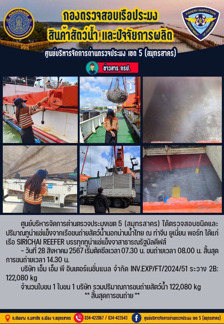 การขนถ่ายทูน่าแช่แข็งจากเรือขนถ่ายสัตว์น้ำสัญชาติไทย เรือ SIRICHAI REEFER บรรทุกทูน่าแช่แข็งจากประเทศมัลดีฟส์ วันที่ 28 สิงหาคม 2567..คลิก