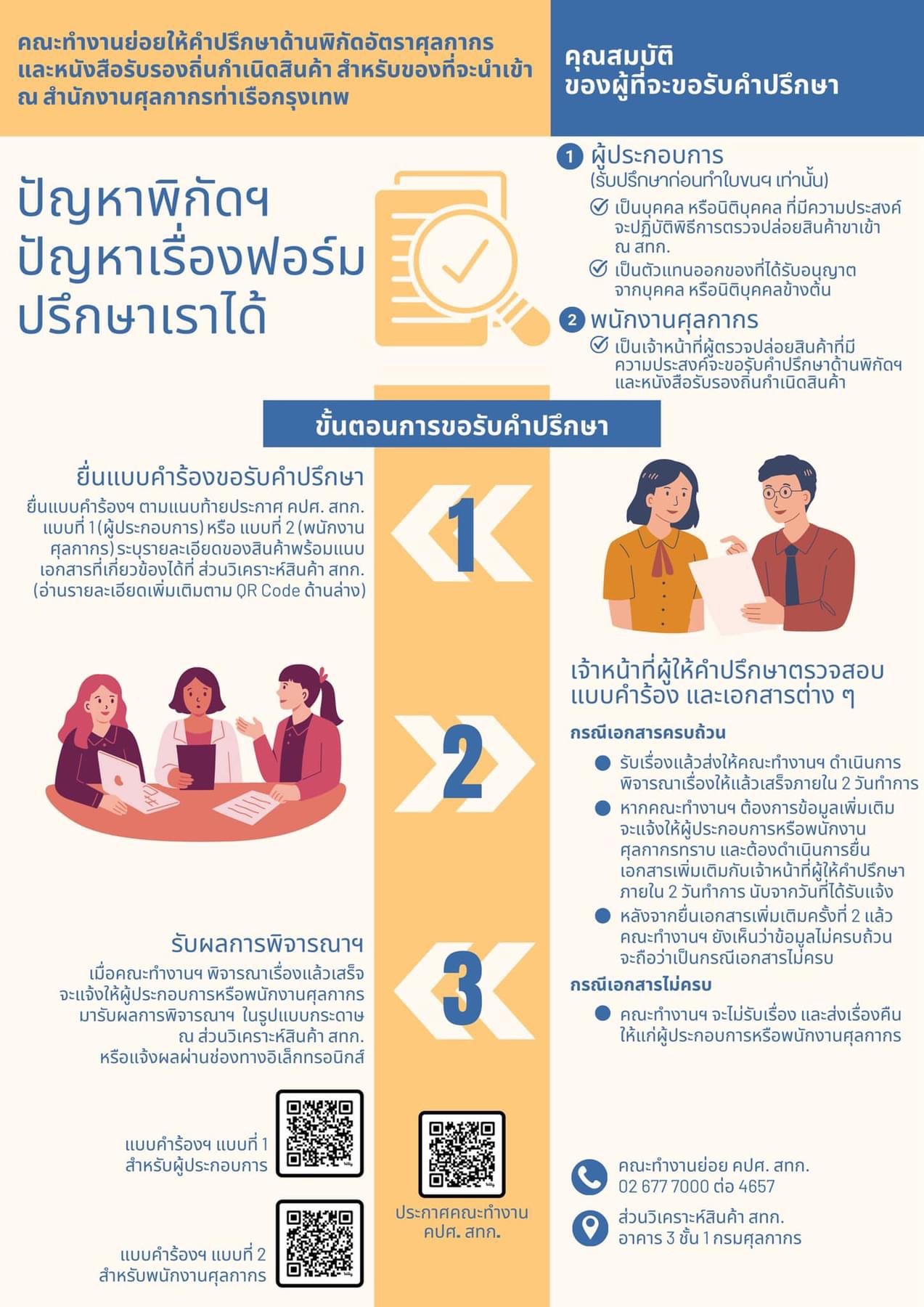 ประชาสัมพันธ์ การขอรับคำปรึกษาเกี่ยวกับการจำแนกพิกัดอัตราศุลกากร และการใช้สิทธิพิเศษทางภาษีศุลกากรตามหนังสือรับรองถิ่นกำเนิดสินค้าสำหรับของที่จะนำเข้า ณ สำนักงานศุลกากรท่าเรือกรุงเทพฯ