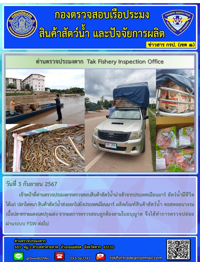 วันที่ 3 กันยายน 2567           เจ้าหน้าที่ด่านตรวจประมงตากตรวจสอบสินค้าสัตว์น้ำนำเข้าจากประเทศเมียนมาร์ สัตว์น้ำมีชีวิต ได้แก่ ปลาไหลนา สินค้าสัตว์น้ำส่งออกไปยังประเทศเมียนมาร์ ผลิตภัณฑ์สินค้าสัตว์น้ำ ซอสหอยนางรม เนื้อปลาทรายแดงบดปรุงแต่ง จากผลการตรวจสอบถูกต้องตามใบอนุญาต จึงได้ทำการตรวจปล่อยผ่านระบบ FSW ต่อไป..คลิก