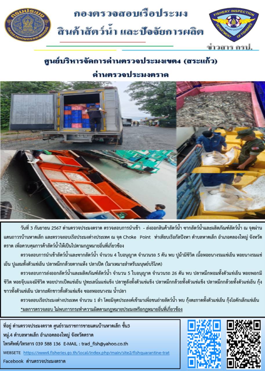 ผลการปฏิบัติงานของด่านตรวจประมงตราด ประจำวันที่ 3 กันยายน 2567..คลิก