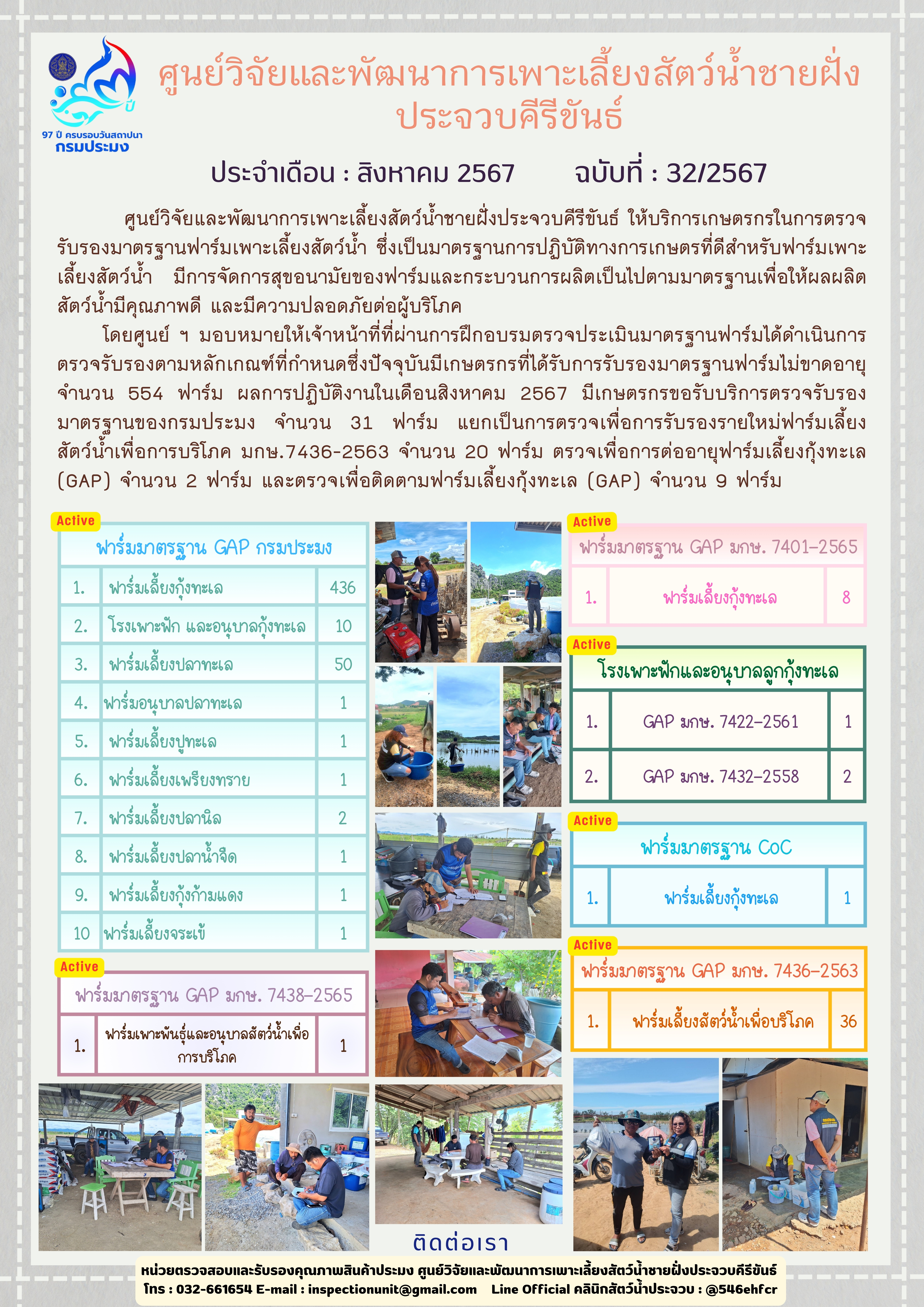 ฉบับที่ 32/2567 การให้บริการเกษตรกรในการตรวจรับรองมาตรฐานฟาร์มเพาะเลี้ยงสัตว์น้ำ ประจำเดือน สิงหาคม 2567