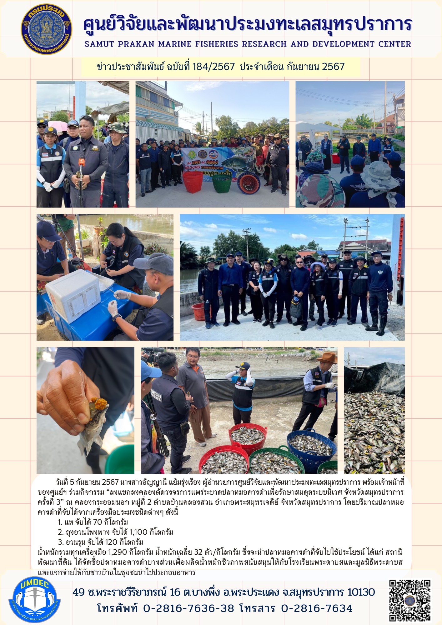 ศูนย์วิจัยและพัฒนาประมงทะเลสมุทรปราการ เข้าร่วมกิจกรรมลงแขกลงคลองตัดวงจรการแพร่ระบาดปลาหมอคางดำ ณ คลองกระออมนอก..คลิก