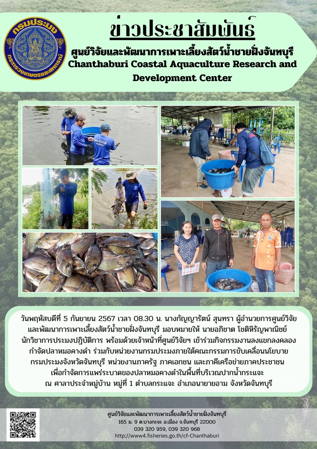 ศูนย์วิจัยและพัฒนาการเพาะเลี้ยงสัตว์น้ำชายฝั่งจันทบุรี เข้าร่วมกิจกรรมงานลงแขกลงคลองกำจัดปลาหมอคางดำ ร่วมกับหน่วยงานกรมประมงภายใต้คณะกรรมการขับเคลื่อนนโยบายกรมประมงจังหวัดจันทบุรี หน่วยงานภาครัฐ ภาคเอกชน และภาคีเครือข่ายภาคประชาชน..คลิก