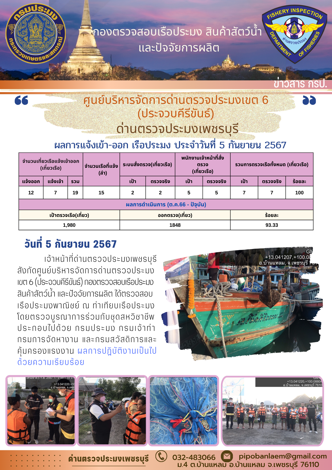 ข่าวประชาสัมพันธ์ ด่านตรวจประมงเพชรบุรี สถิติเรือที่แจ้งเข้า - ออก ประจำวันที่ 5 ก.ย. 2567
