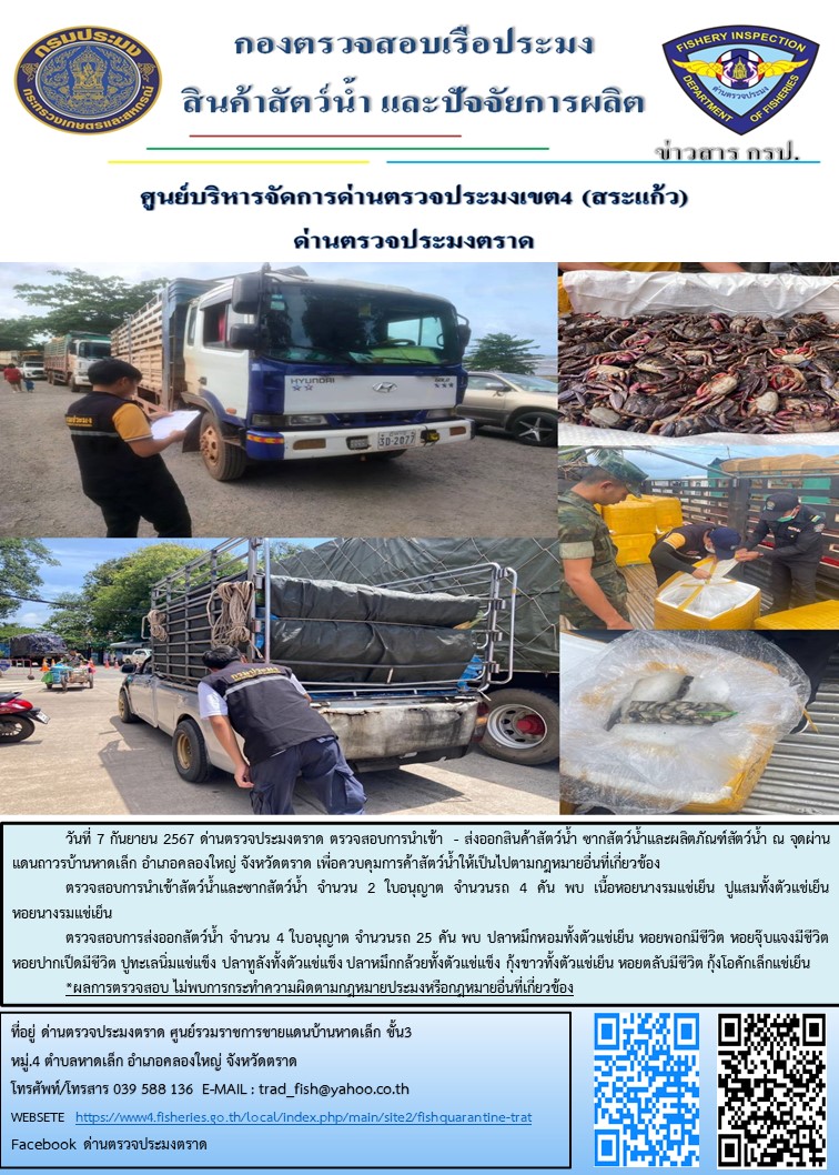 ผลการปฏิบัติงานของด่านตรวจประมงตราด ประจำวันที่ 7 กันยายน 2567..คลิก