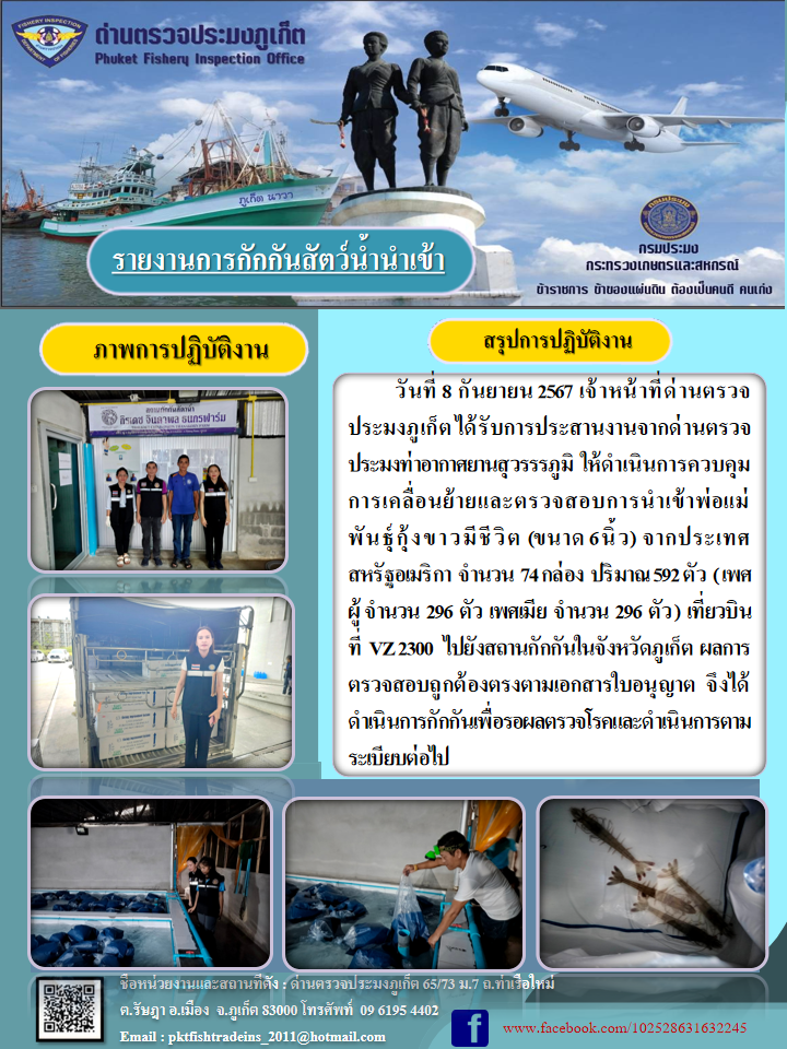 วันที่ 8 กันยายน 2567 การควบคุมการเคลื่อนย้ายและตรวจสอบการนำเข้าพ่อแม่พันธุ์กุ้งขาวมีชีวิต..คลิก