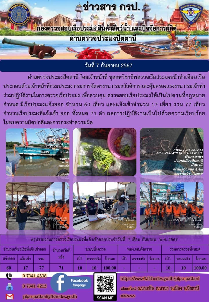 ข่าวสารการปฏิบัติงาน ด่านตรวจประมงปัตตานี วันที่ 7 กันยายน 2567