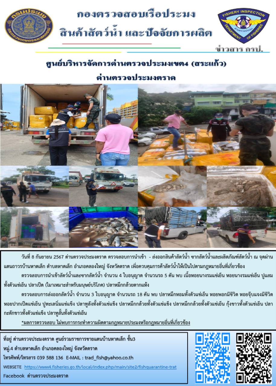 ผลการปฏิบัติงานของด่านตรวจประมงตราด ประจำวันที่ 8 กันยายน 2567..คลิก