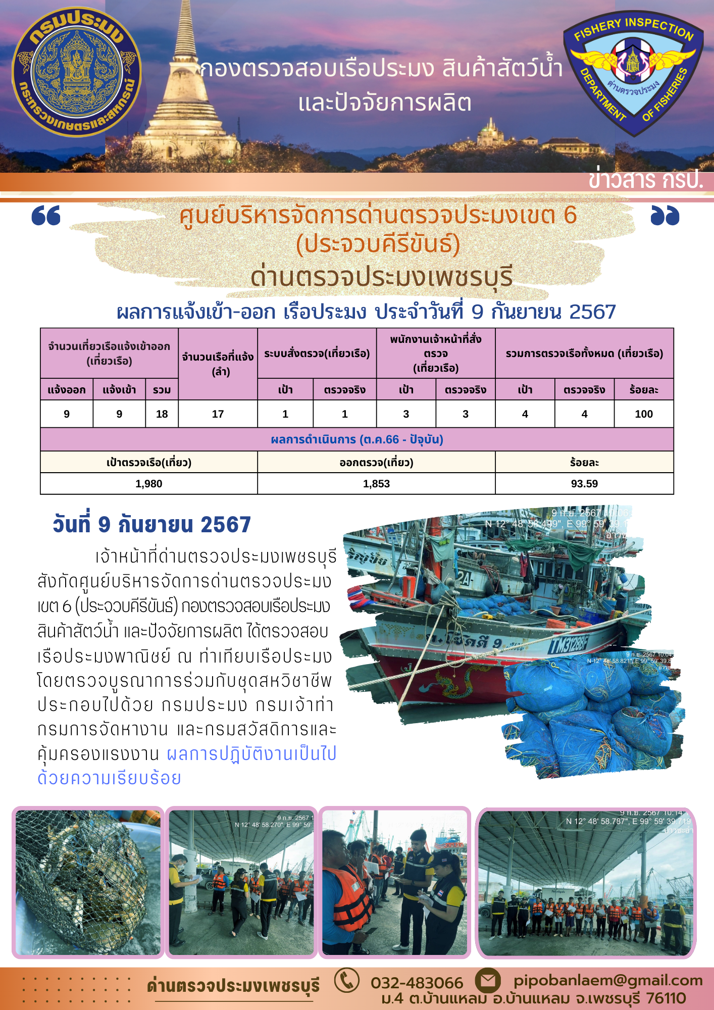 ข่าวประชาสัมพันธ์ ด่านตรวจประมงเพชรบุรี สถิติเรือที่แจ้งเข้า - ออก ประจำวันที่ 9 ก.ย. 2567