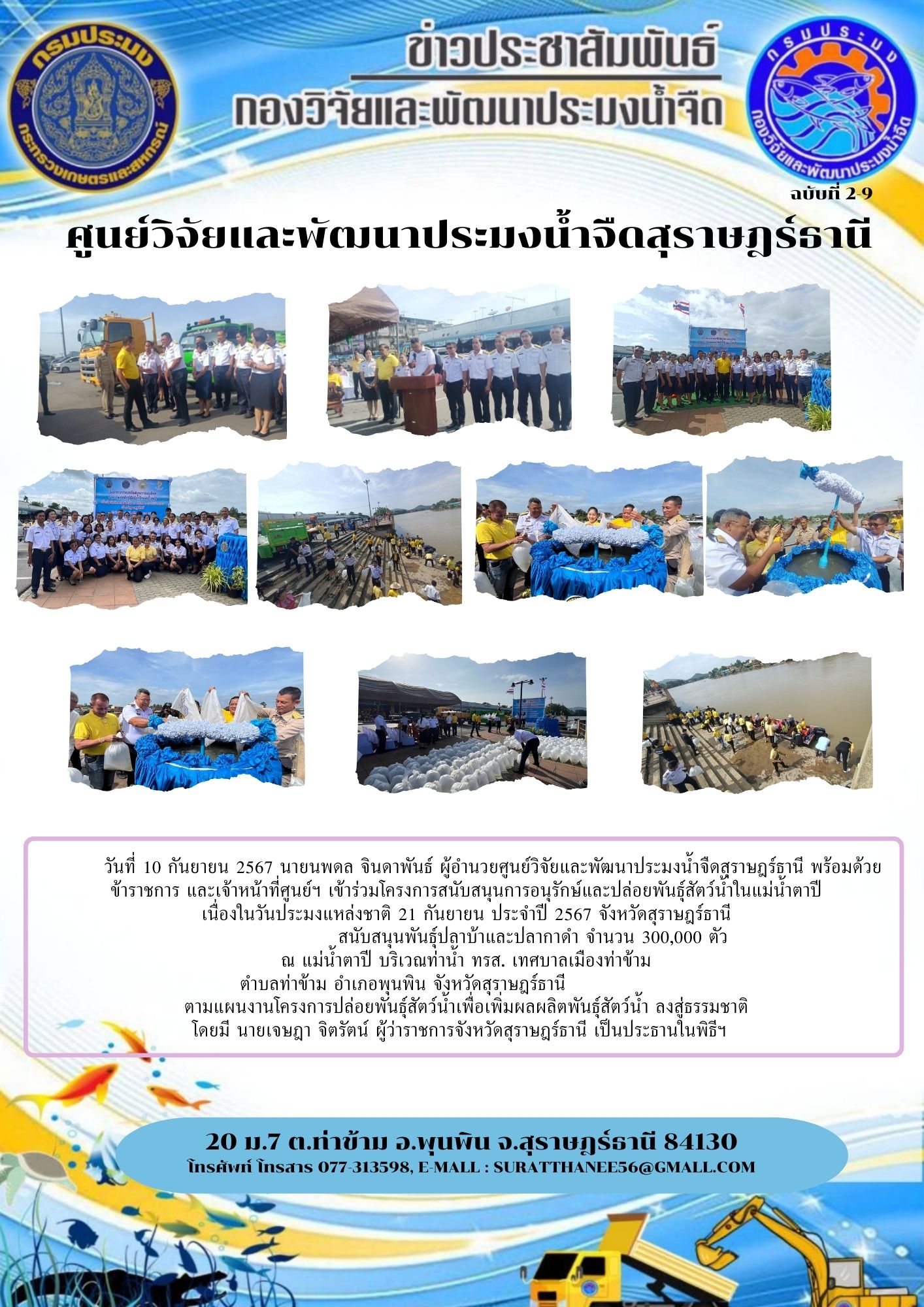 วันที่ 10 กันยายน 2567 นายนพดล จินดาพันธ์ ผู้อำนวยศูนย์วิจัยและพัฒนาประมงน้ำจืดสุราษฎร์ธานี พร้อมด้วยข้าราชการ และเจ้าหน้าที่ศูนย์ฯ เข้าร่วมโครงการสนับสนุนการอนุรักษ์และปล่อยพันธุ์สัตว์น้ำในแม่น้ำตาปี                 เนื่องในวันประมงแหล่งชาติ 21 กันยายน ประจำปี 2567 จังหวัดสุราษฎร์ธานี                       สนับสนุนพันธุ์ปลาบ้าและปลากาดำ จำนวน 300,000 ตัว  