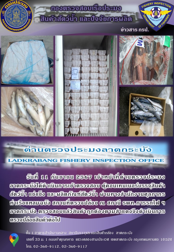 ตรวจสอบสินค้าสัตว์น้ำนำเข้าประจำวันที่ 11 กันยายน 2567