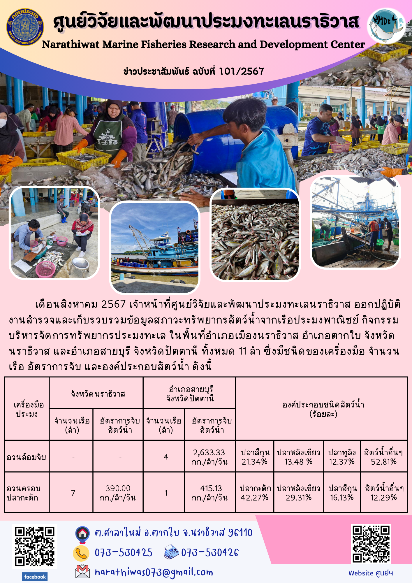 เดือนสิงหาคม 2567 เจ้าหน้าที่ศูนย์วิจัยและพัฒนาประมงทะเลนราธิวาส ออกปฏิบัติงานสำรวจและเก็บรวบรวมข้อมูลสภาวะทรัพยากรสัตว์น้ำจากเรือประมงพาณิชย์ กิจกรรมบริหารจัดการทรัพยากรประมงทะเล ในพื้นที่อำเภอเมืองนราธิวาส อำเภอตากใบ จังหวัดนราธิวาส และอำเภอสายบุรี จังหวัดปัตตานี ทั้งหมด 11 ลำ ฯลฯ