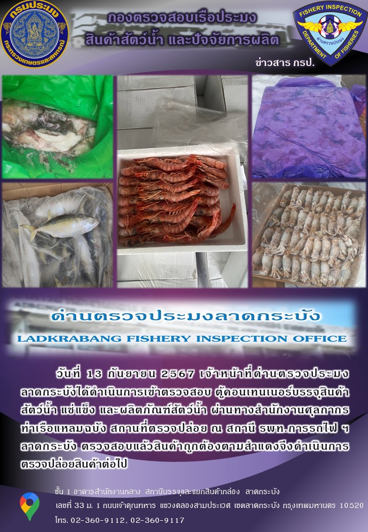 ตรวจสอบสินค้าสัตว์น้ำนำเข้าประจำวันที่ 13 กันยายน 2567