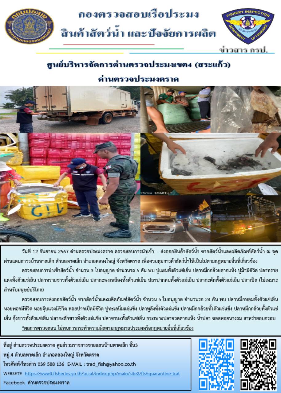 ผลการปฏิบัติงานของด่านตรวจประมงตราด ประจำวันที่ 12 กันยายน 2567..คลิก