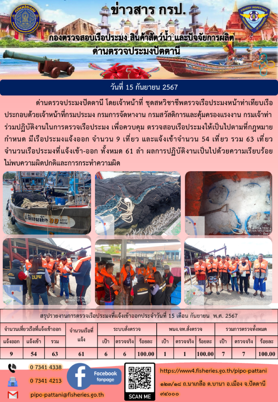 ข่าวสารการปฏิบัติงาน ด่านตรวจประมงปัตตานี วันที่ 15 กันยายน 2567