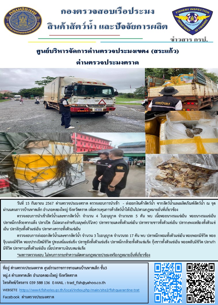 ผลการปฏิบัติงานของด่านตรวจประมงตราด ประจำวันที่ 15 กันยายน 2567..คลิก