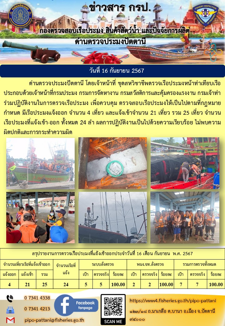 ข่าวสารการปฏิบัติงาน ด่านตรวจประมงปัตตานี วันที่ 16 กันยายน 2567..คลิก