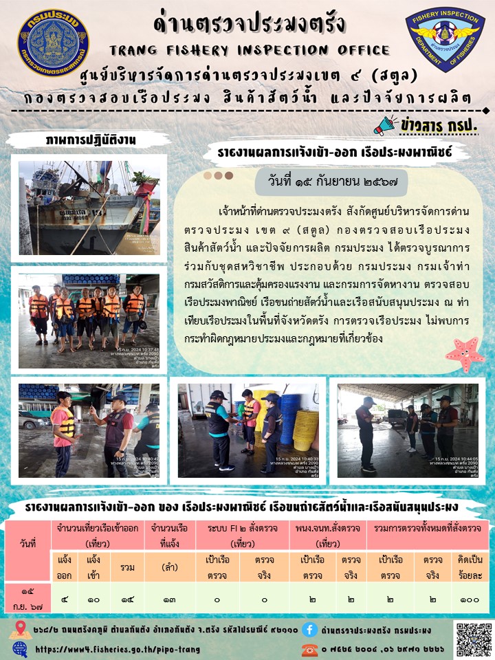 ประชาสัมพันธ์การปฏิบัติงานด่านตรวจประมงตรัง..คลิก