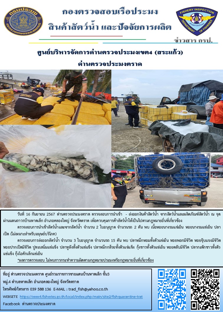 ผลการปฏิบัติงานของด่านตรวจประมงตราด ประจำวันที่ 16 กันยายน 2567..คลิก