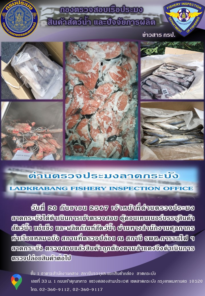 ตรวจสอบสินค้าสัตว์น้ำนำเข้าประจำวันที่ 20 กันยายน 2567