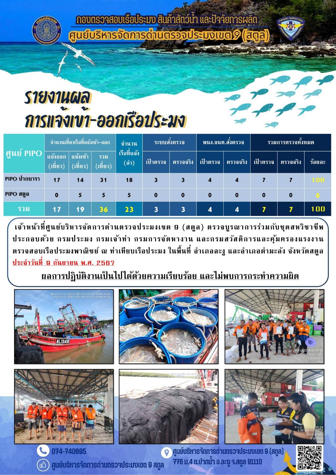 ประชาสัมพันธ์การปฏิบัติงานศูนย์บริหารจัดการด่านตรวจประมงเขต 9 (สตูล) ประจำวันที่ 6-10 กันยายน 2567..คลิก