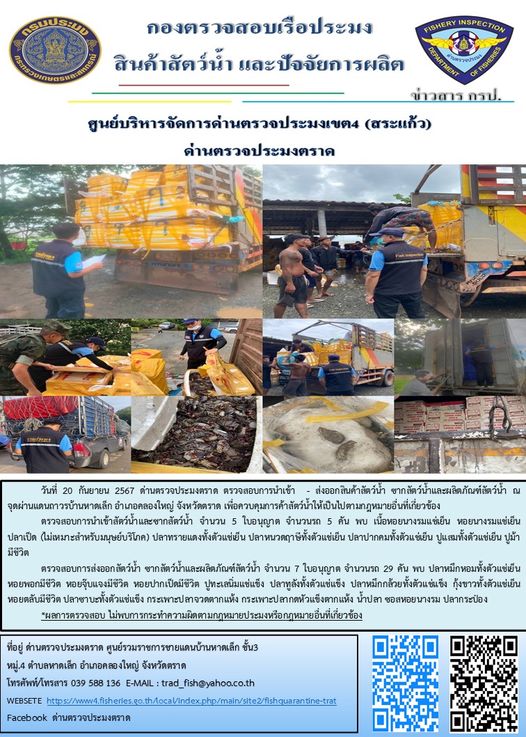 ผลการปฏิบัติงานของด่านตรวจประมงตราด ประจำวันที่ 20 กันยายน 2567..คลิก