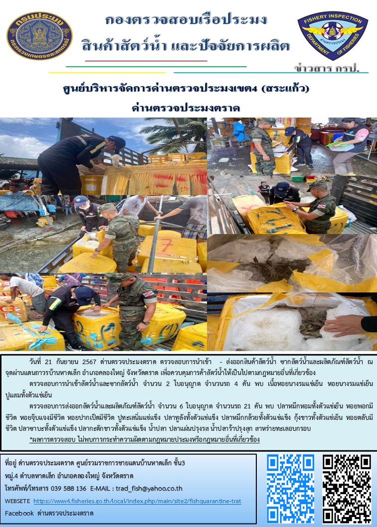 ผลการปฏิบัติงานของด่านตรวจประมงตราด ประจำวันที่ 21 กันยายน 2567..คลิก