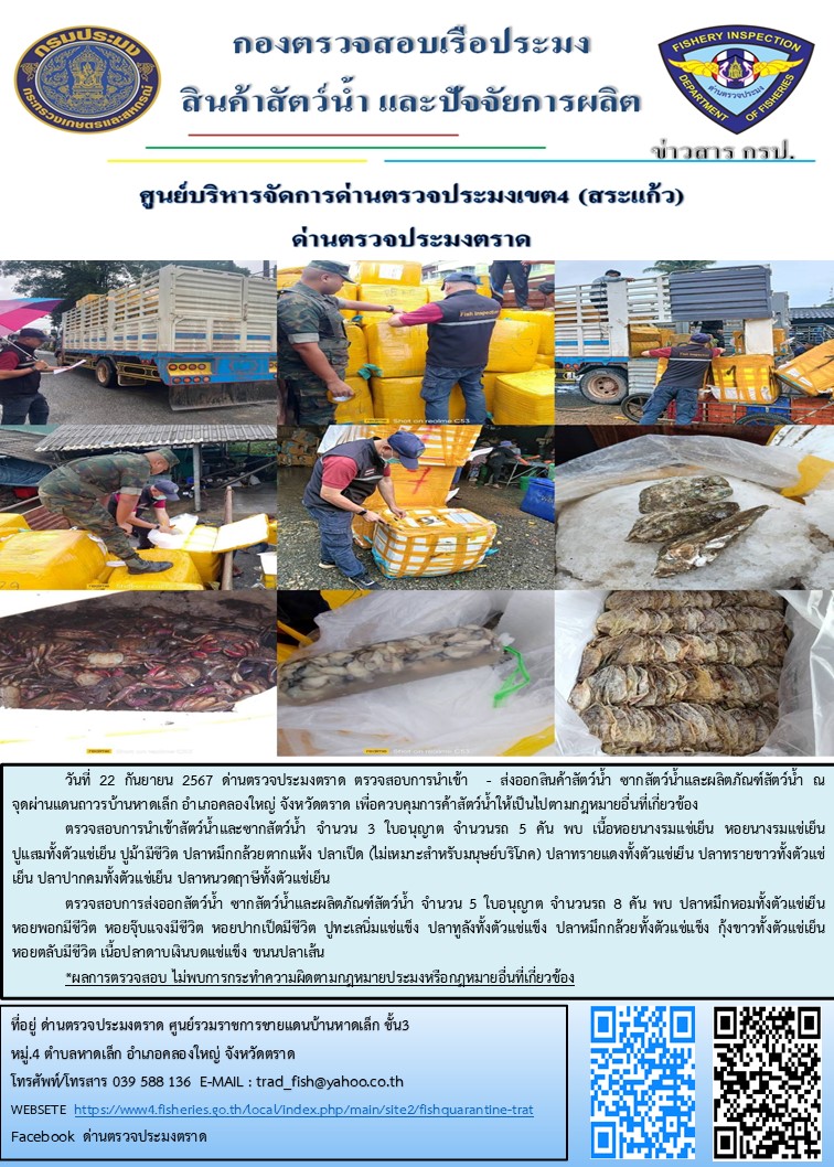 ผลการปฏิบัติงานของด่านตรวจประมงตราด ประจำวันที่ 22กันยายน 2567..คลิก