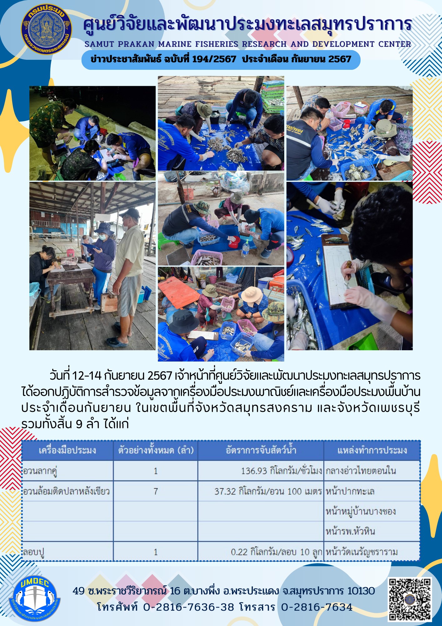 วันที่ 12-14 กันยายน 2567 เจ้าหน้าที่ศูนย์วิจัยและพัฒนาประมงทะเลสมุทรบราการได้ออกปฏิบัติการสำรวจข้อมูลจากเครื่องมือประมงพาณิชย์และเครื่องมือประมงพื้นบ้านประจำเดือนกันยายน ในเขตพื้นที่จังหวัดสมุทรสงคราม และจังหวัดเพชรบุรีรวมทั้งสิ้น 9 ลำ ได้แก่ ฯลฯ..คลิก