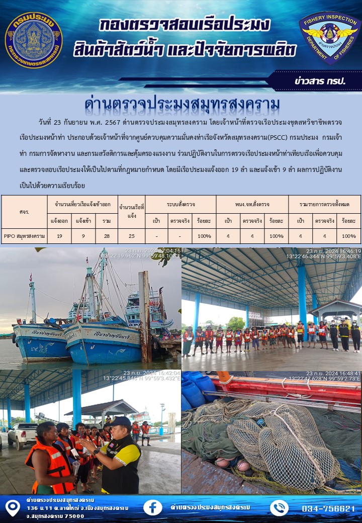 สถิติการแจ้งเข้า - ออกเรือประมงพาณิชย์ ด่านตรวจประมงสมุทรสงคราม ประจำวันที่ 23 กันยายน 2567..คลิก