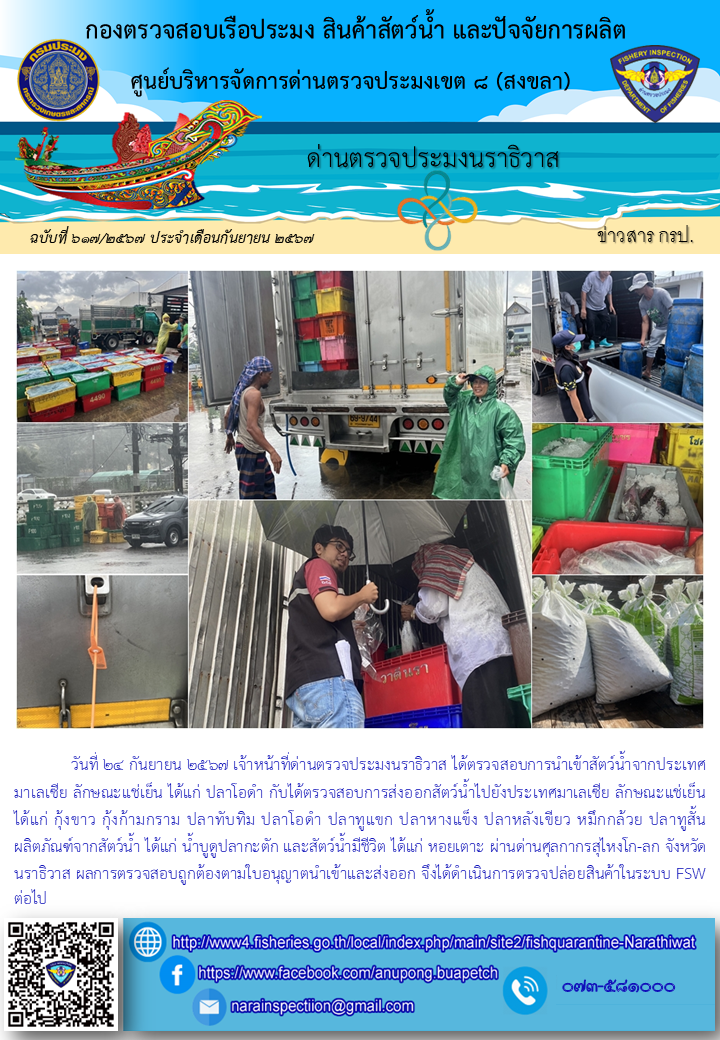 ประชาสัมพันธ์ด่านตรวจประมงนราธิวาส ประจำวันที่ 24 กันยายน 2567..คลิก