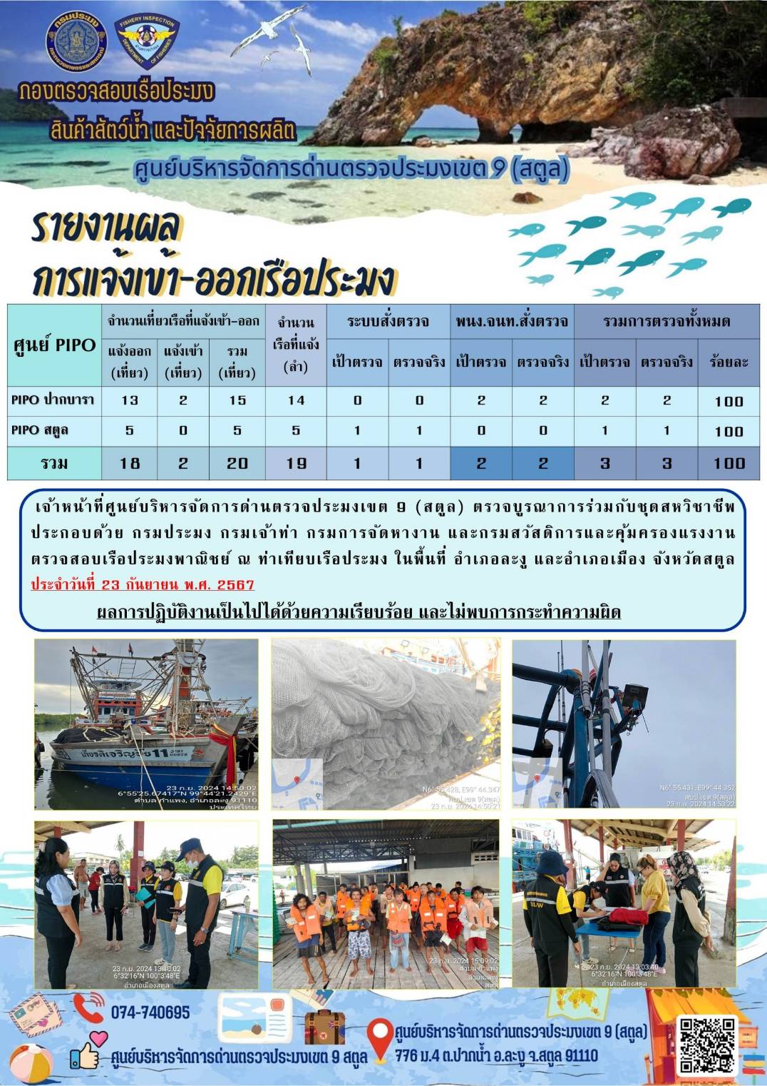 ประชาสัมพันธ์การปฏิบัติงานศูนย์บริหารจัดการด่านตรวจประมงเขต 9 (สตูล) ประจำวันที่ 22-25 กันยายน 2567..คลิก